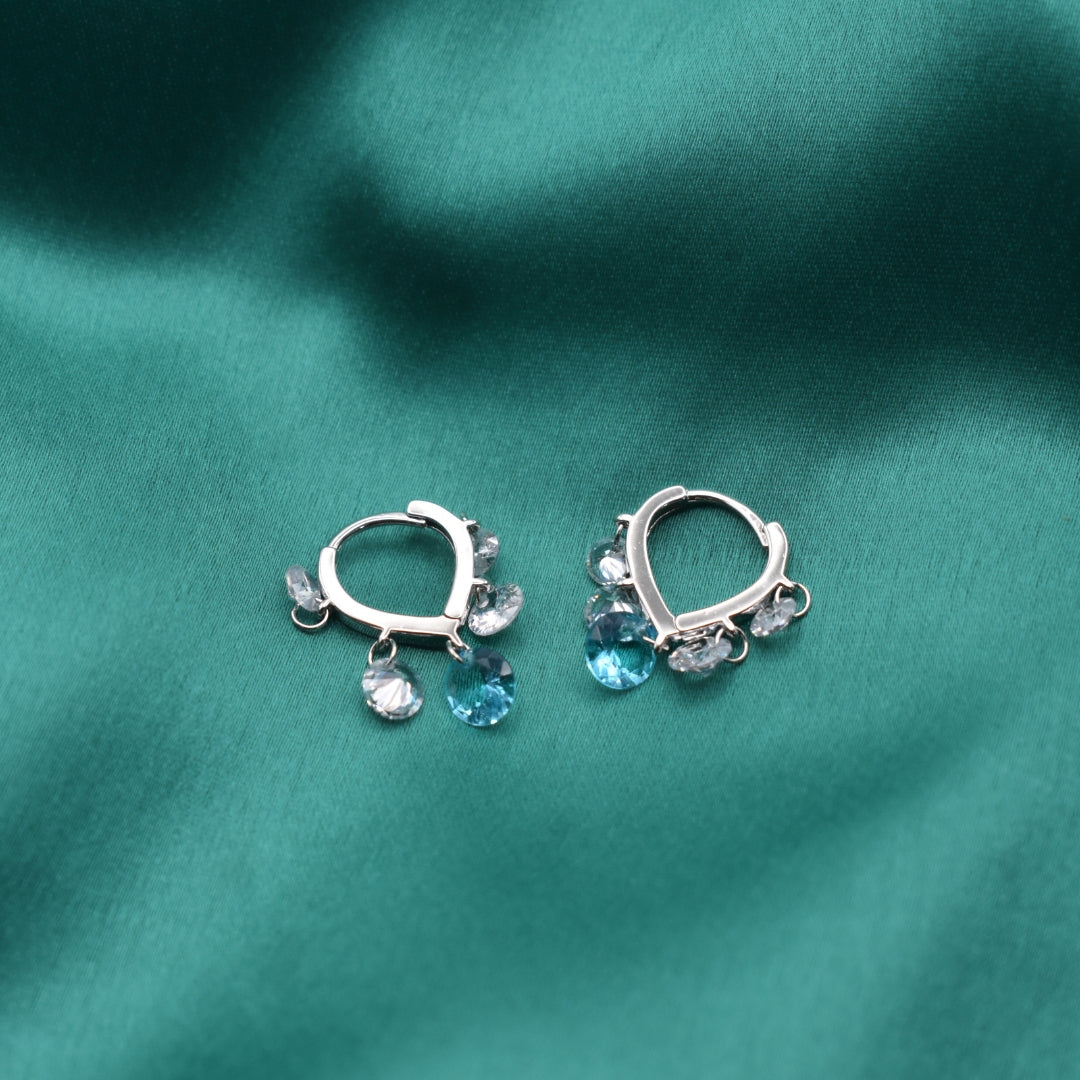 Aqua Blue Charm Hoops - Minimalist Silver Earrings