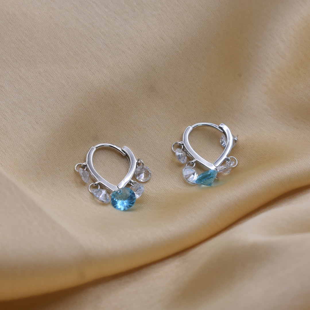Aqua Blue Charm Hoops - Minimalist Silver Earrings