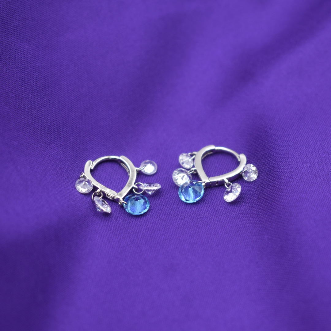 Aqua Blue Charm Hoops - Minimalist Silver Earrings