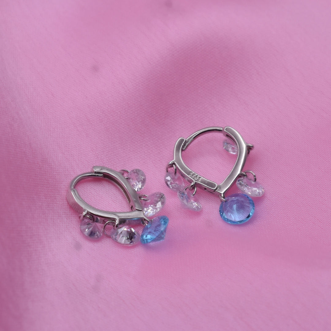 Aqua Blue Charm Hoops - Minimalist Silver Earrings